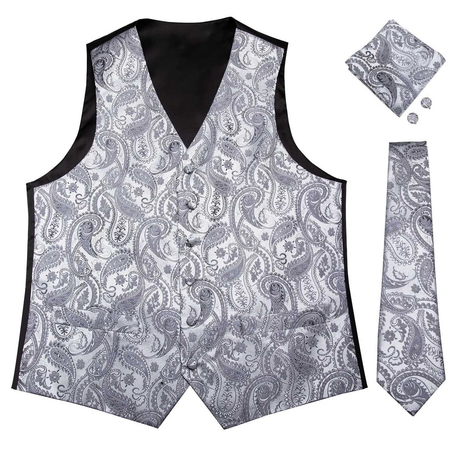 Luxury Silver Paisley Jacquard Silk Men's Vest Hanky Cufflinks Tie Set Waistcoat Suit Set