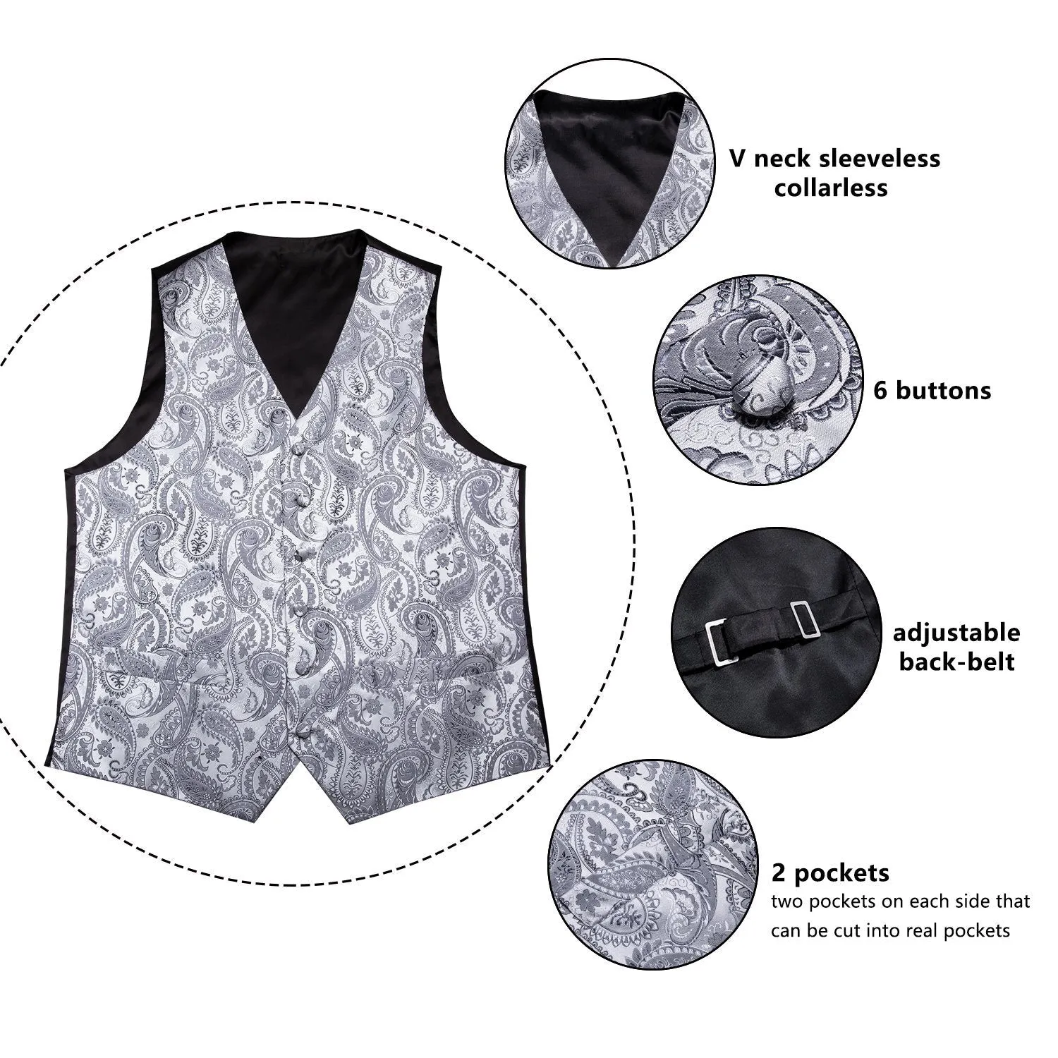 Luxury Silver Paisley Jacquard Silk Men's Vest Hanky Cufflinks Tie Set Waistcoat Suit Set
