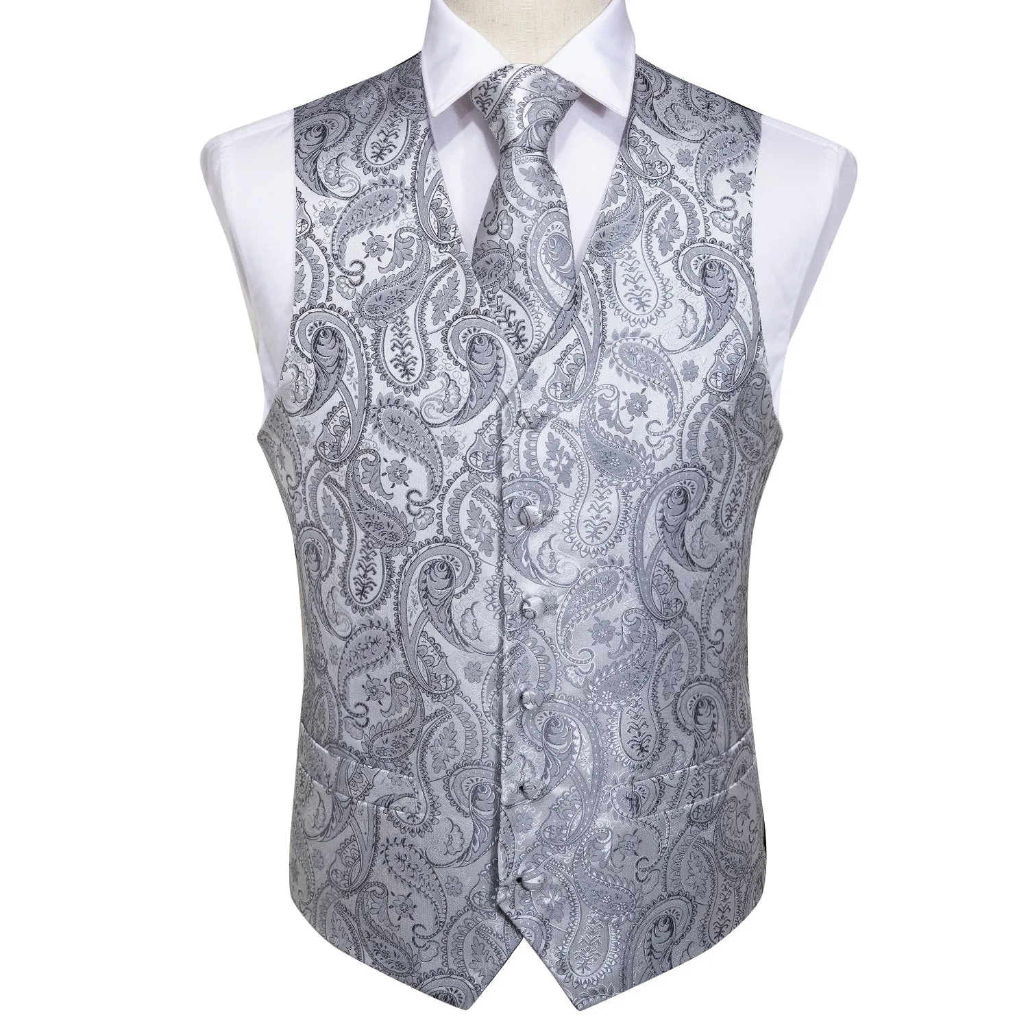 Luxury Silver Paisley Jacquard Silk Men's Vest Hanky Cufflinks Tie Set Waistcoat Suit Set