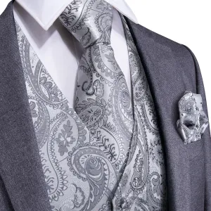 Luxury Silver Paisley Jacquard Silk Men's Vest Hanky Cufflinks Tie Set Waistcoat Suit Set
