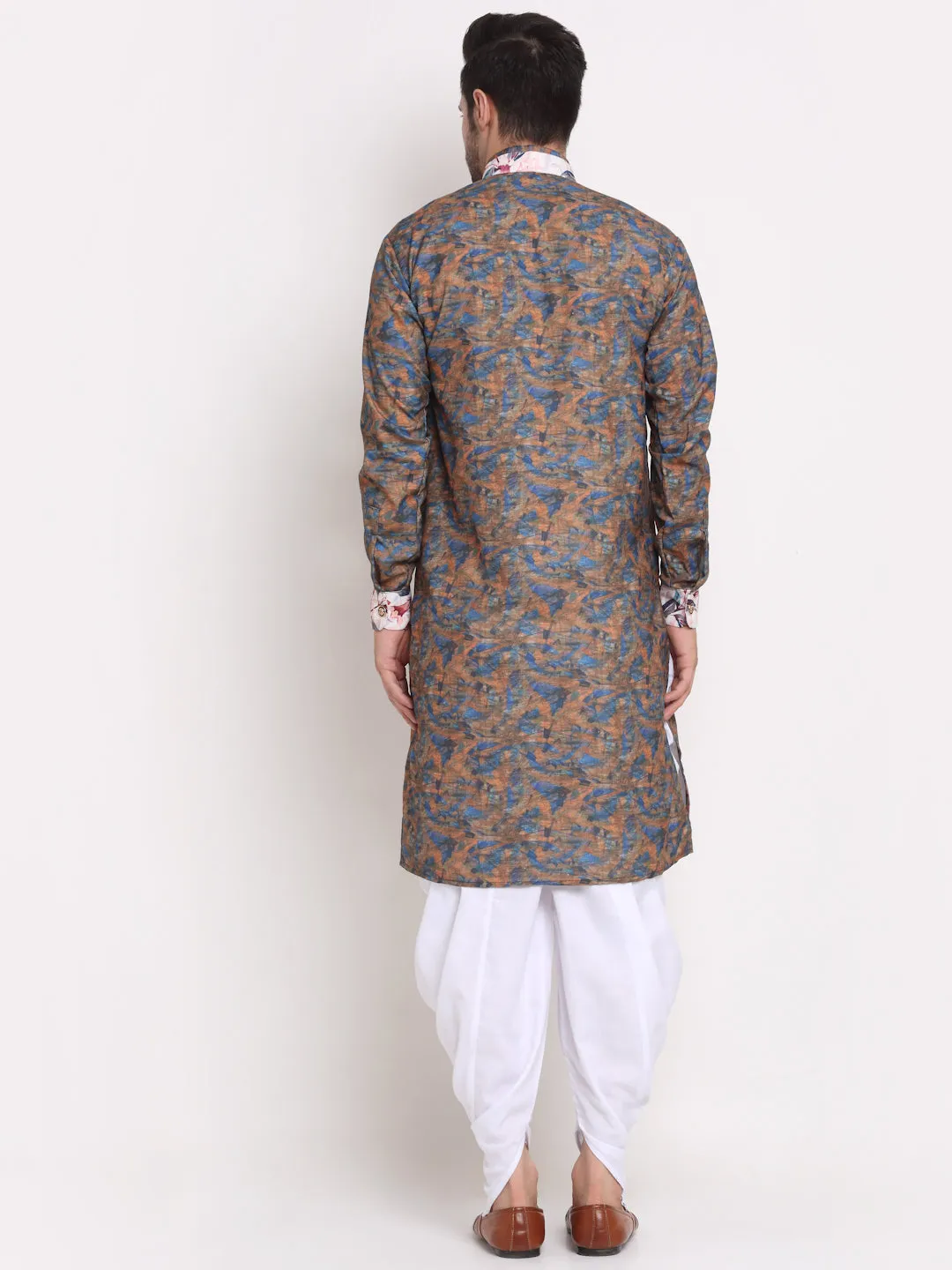 Men's Blue & Brown Printed Kurta With White Dhoti Pant - Benstoke
