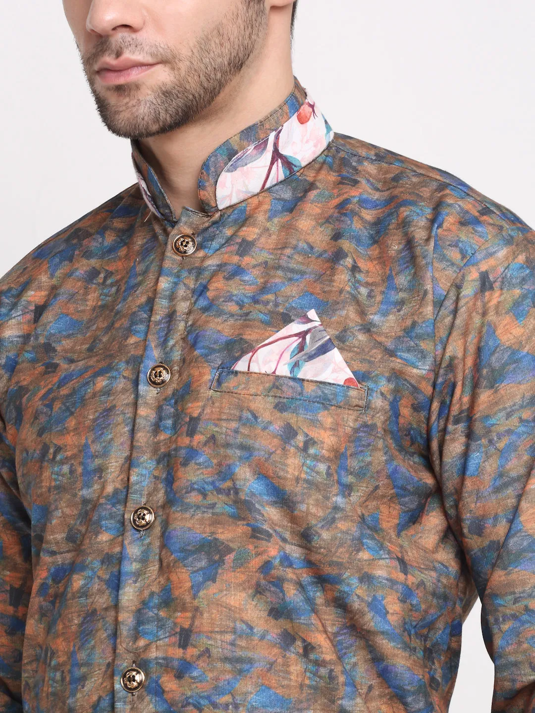 Men's Blue & Brown Printed Kurta With White Dhoti Pant - Benstoke