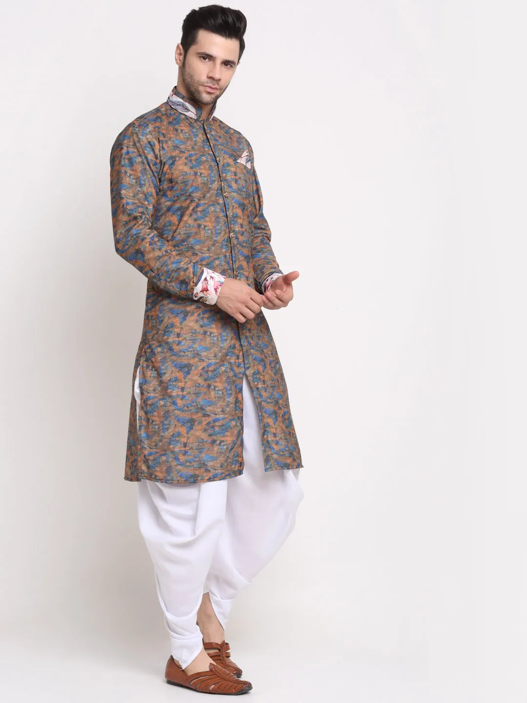 Men's Blue & Brown Printed Kurta With White Dhoti Pant - Benstoke