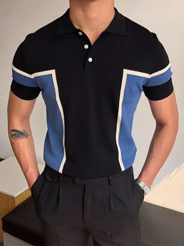 Men's fashion temperament stitching men's knitted sweater short-sleeved slim business polo shirt