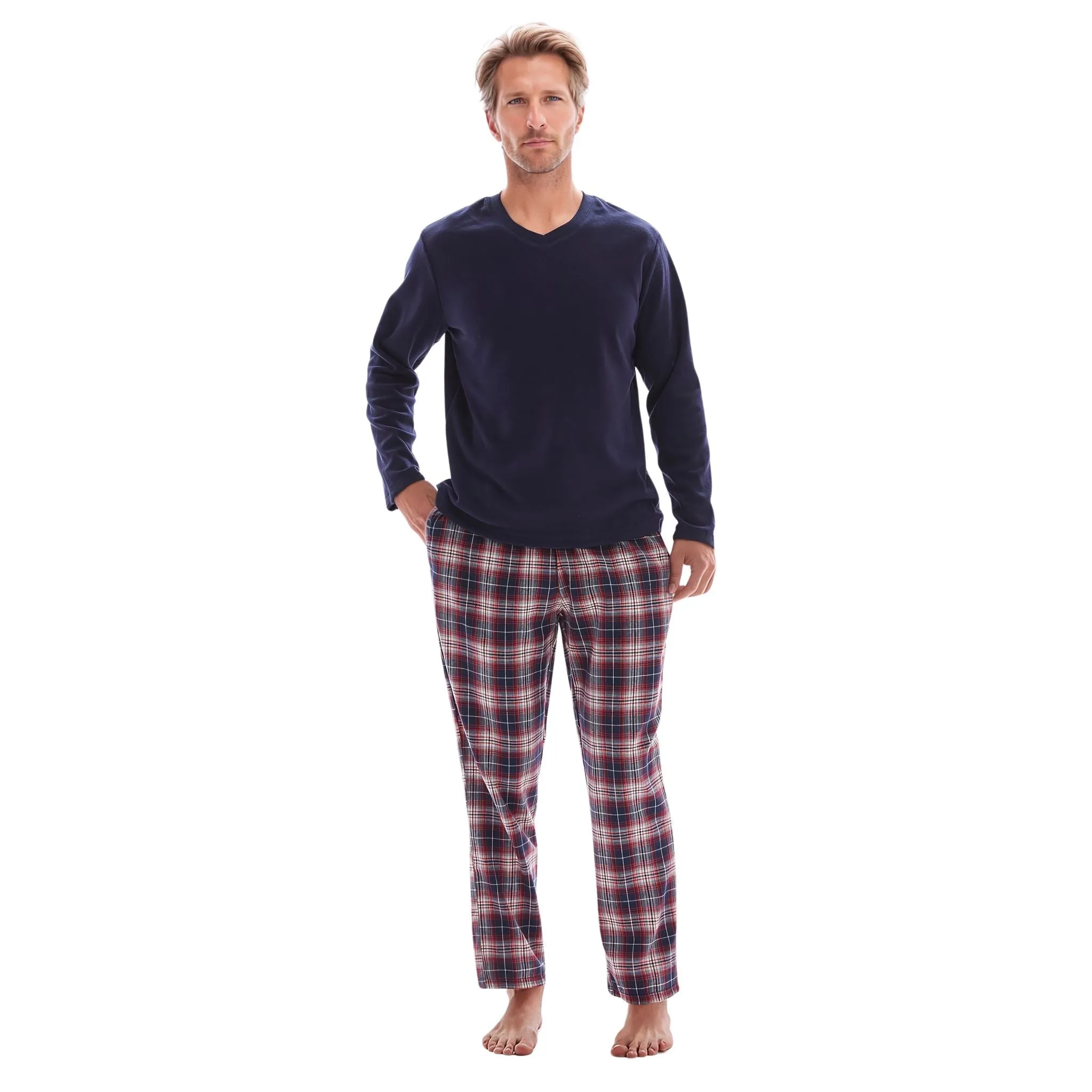 Men's Long Sleeve Pyjama Sets with Fleece Top and Flannelette Pajama Pants