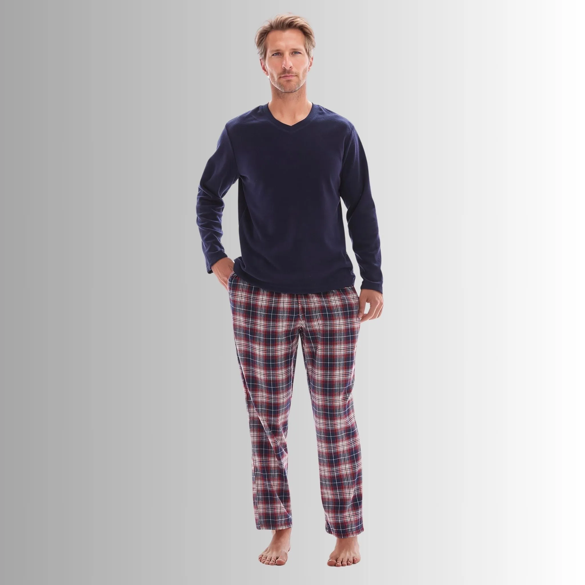 Men's Long Sleeve Pyjama Sets with Fleece Top and Flannelette Pajama Pants