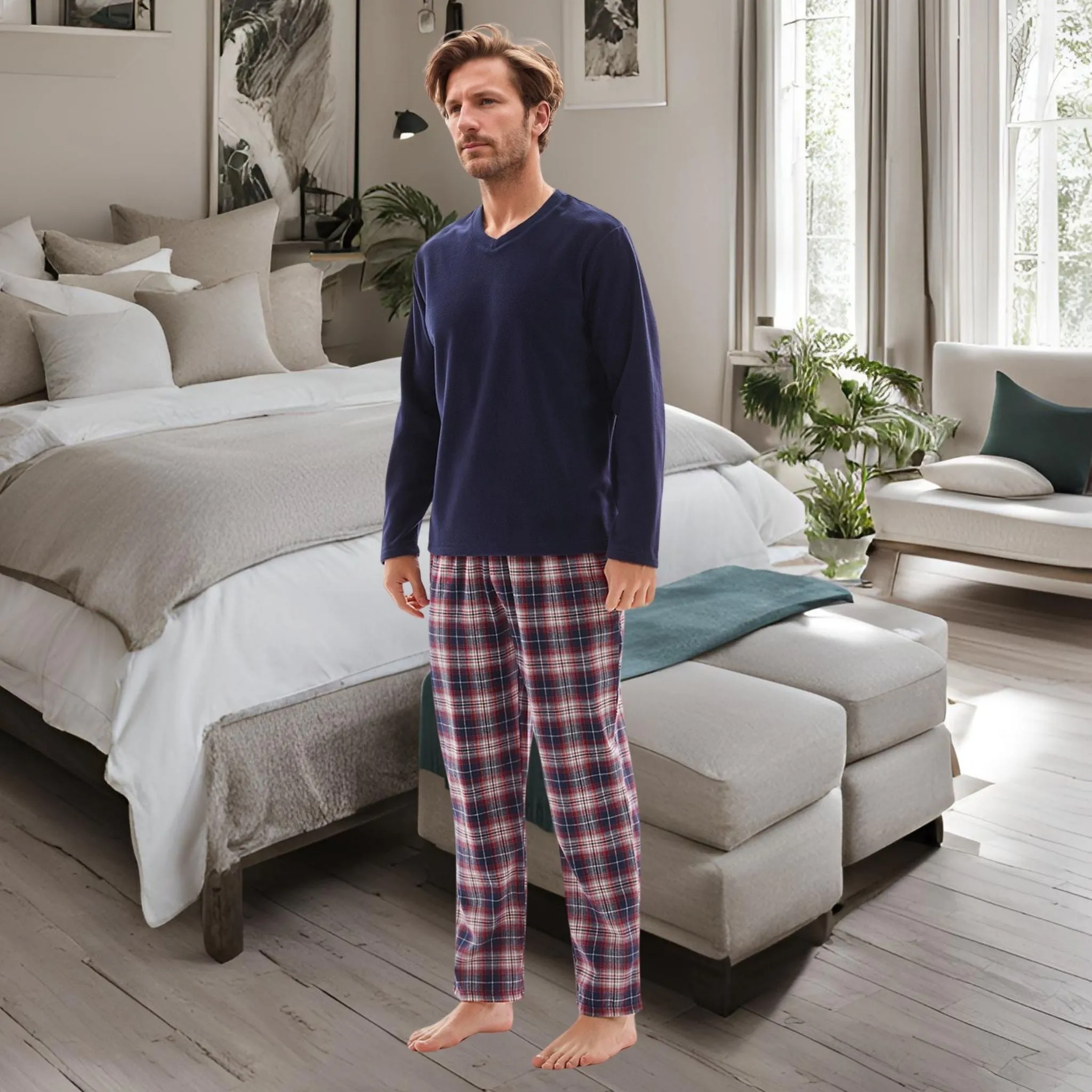 Men's Long Sleeve Pyjama Sets with Fleece Top and Flannelette Pajama Pants
