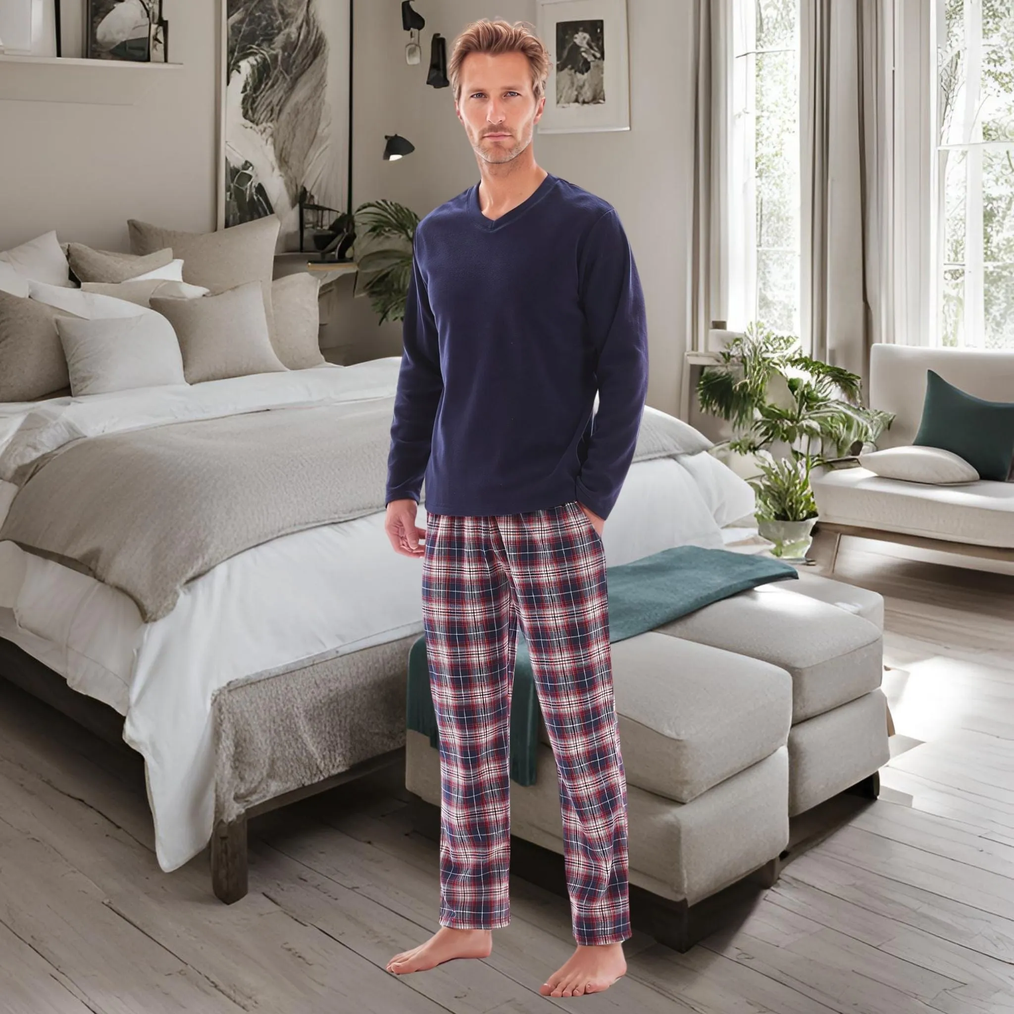 Men's Long Sleeve Pyjama Sets with Fleece Top and Flannelette Pajama Pants