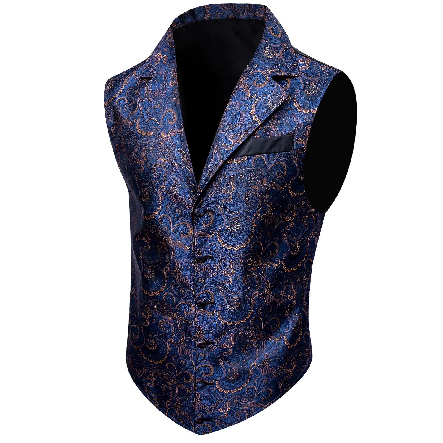 Navy Blue Paisley Jacquard Men's Collar Victorian Suit Vest Tie Hanky Cufflinks Set