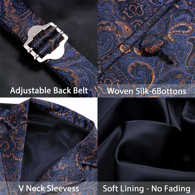 Navy Blue Paisley Jacquard Men's Collar Victorian Suit Vest Tie Hanky Cufflinks Set