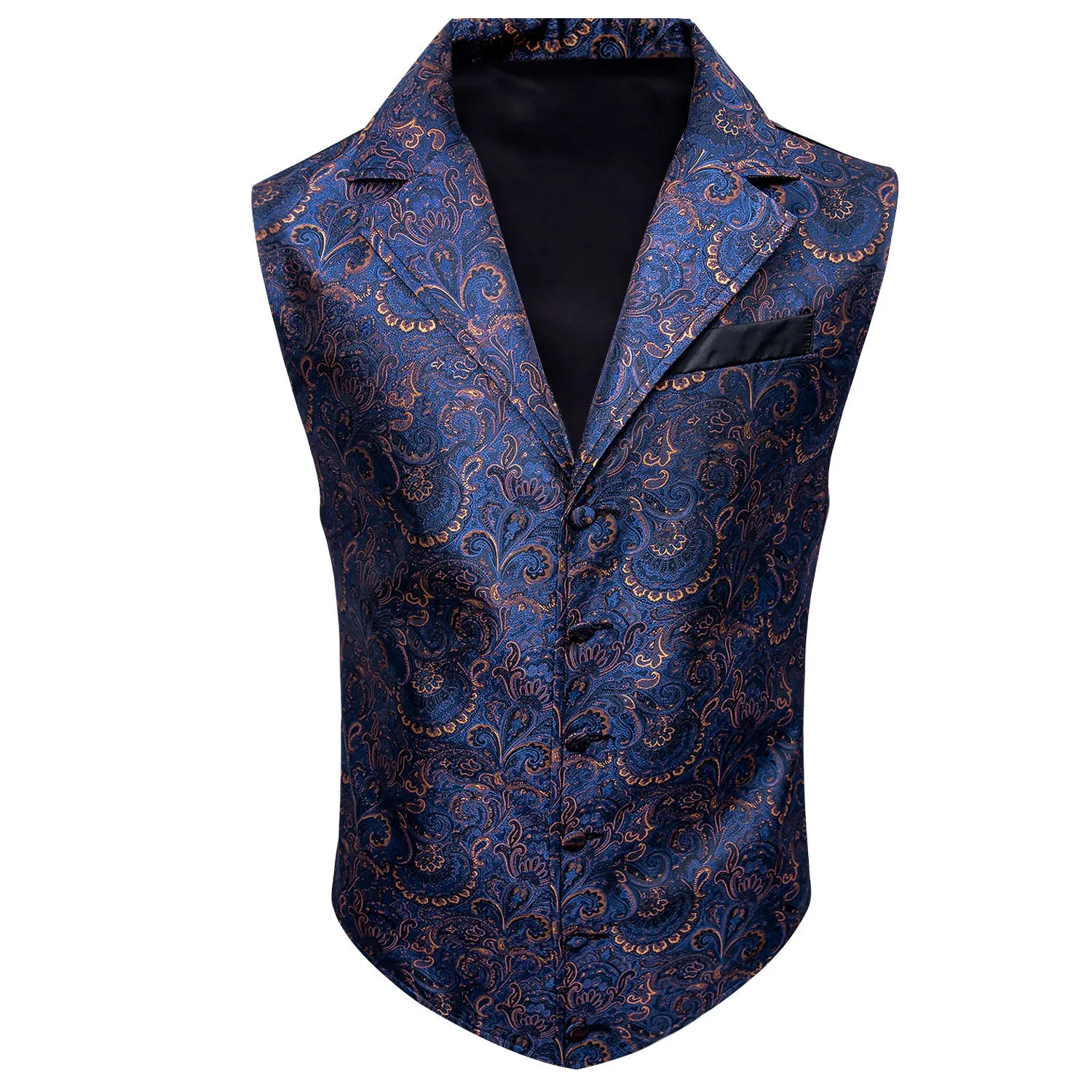 Navy Blue Paisley Jacquard Men's Collar Victorian Suit Vest Tie Hanky Cufflinks Set