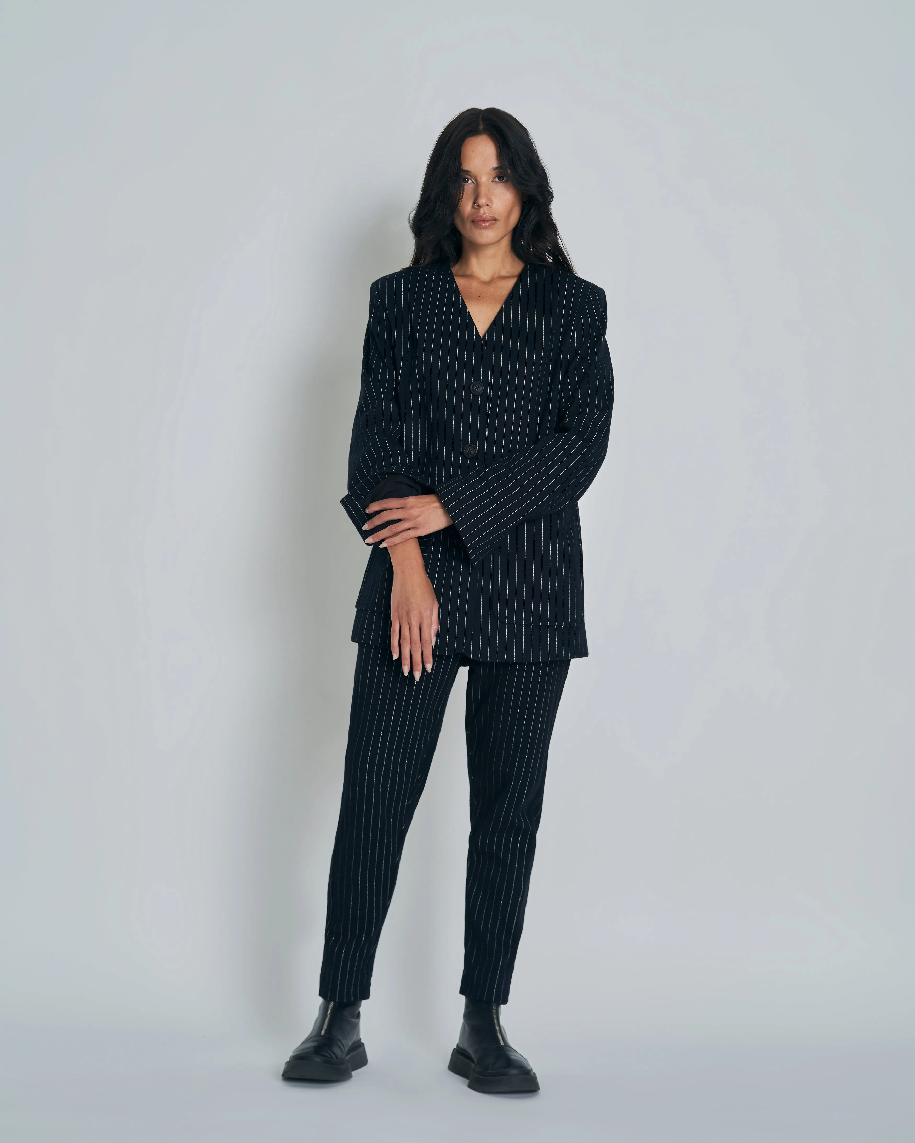 New Lands Stella Blazer - Black w Silver pinstripe