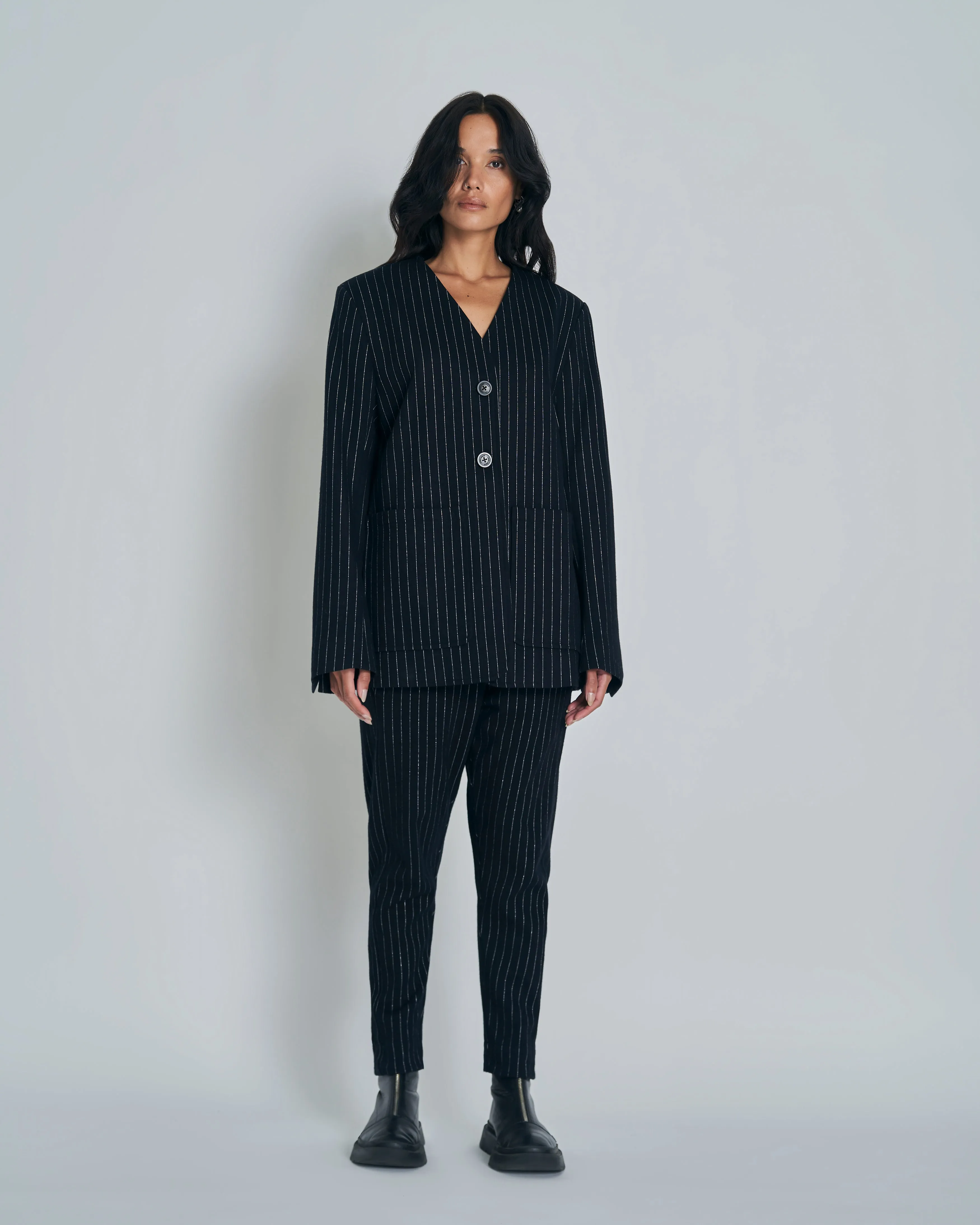 New Lands Stella Blazer - Black w Silver pinstripe