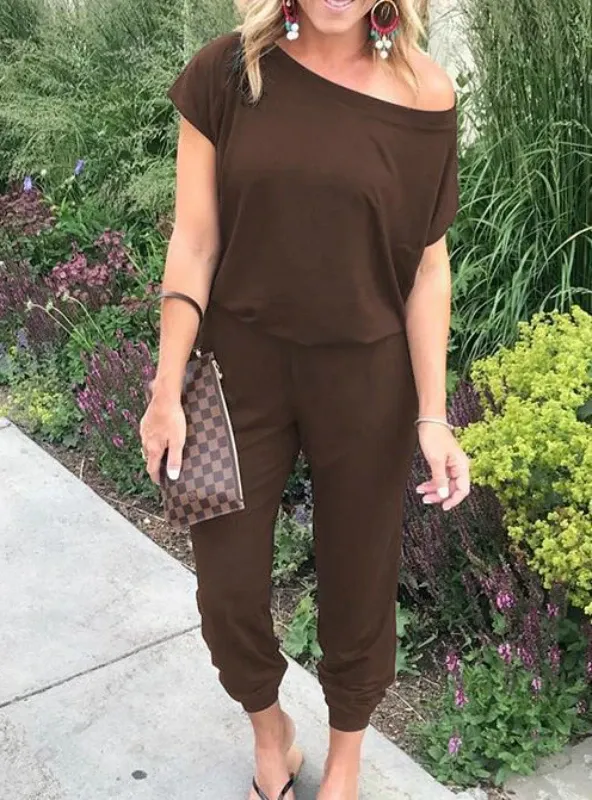 OFF SHOULDER ELASTIC WAIST STRETCHY JUMPSUIT