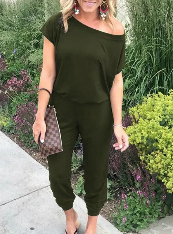 OFF SHOULDER ELASTIC WAIST STRETCHY JUMPSUIT