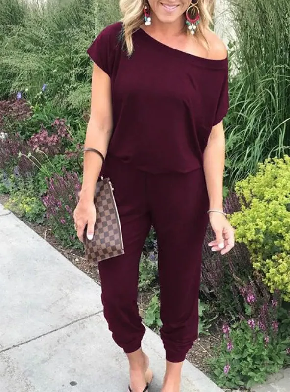 OFF SHOULDER ELASTIC WAIST STRETCHY JUMPSUIT