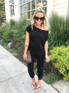 OFF SHOULDER ELASTIC WAIST STRETCHY JUMPSUIT