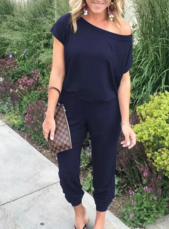 OFF SHOULDER ELASTIC WAIST STRETCHY JUMPSUIT
