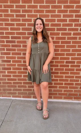 Olive Button Down Pocket Tiered Dress