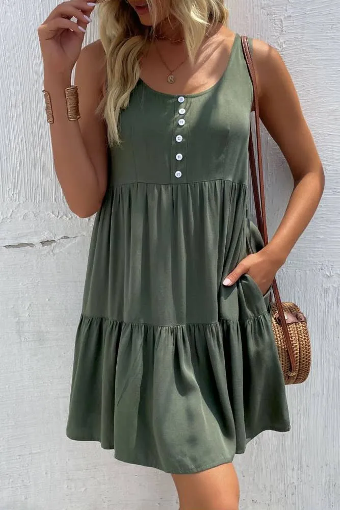Olive Button Down Pocket Tiered Dress