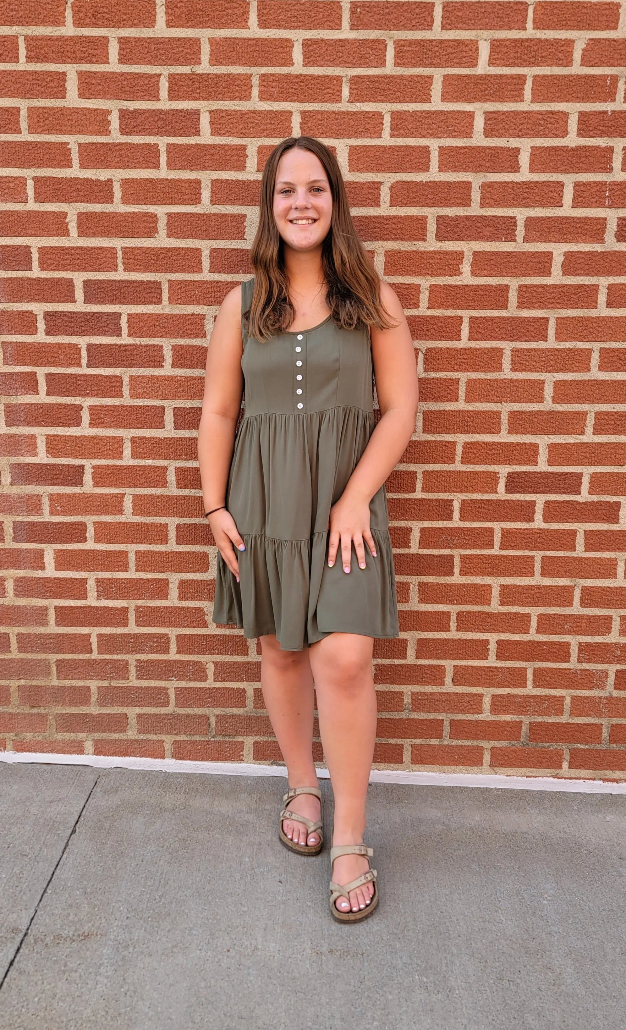 Olive Button Down Pocket Tiered Dress