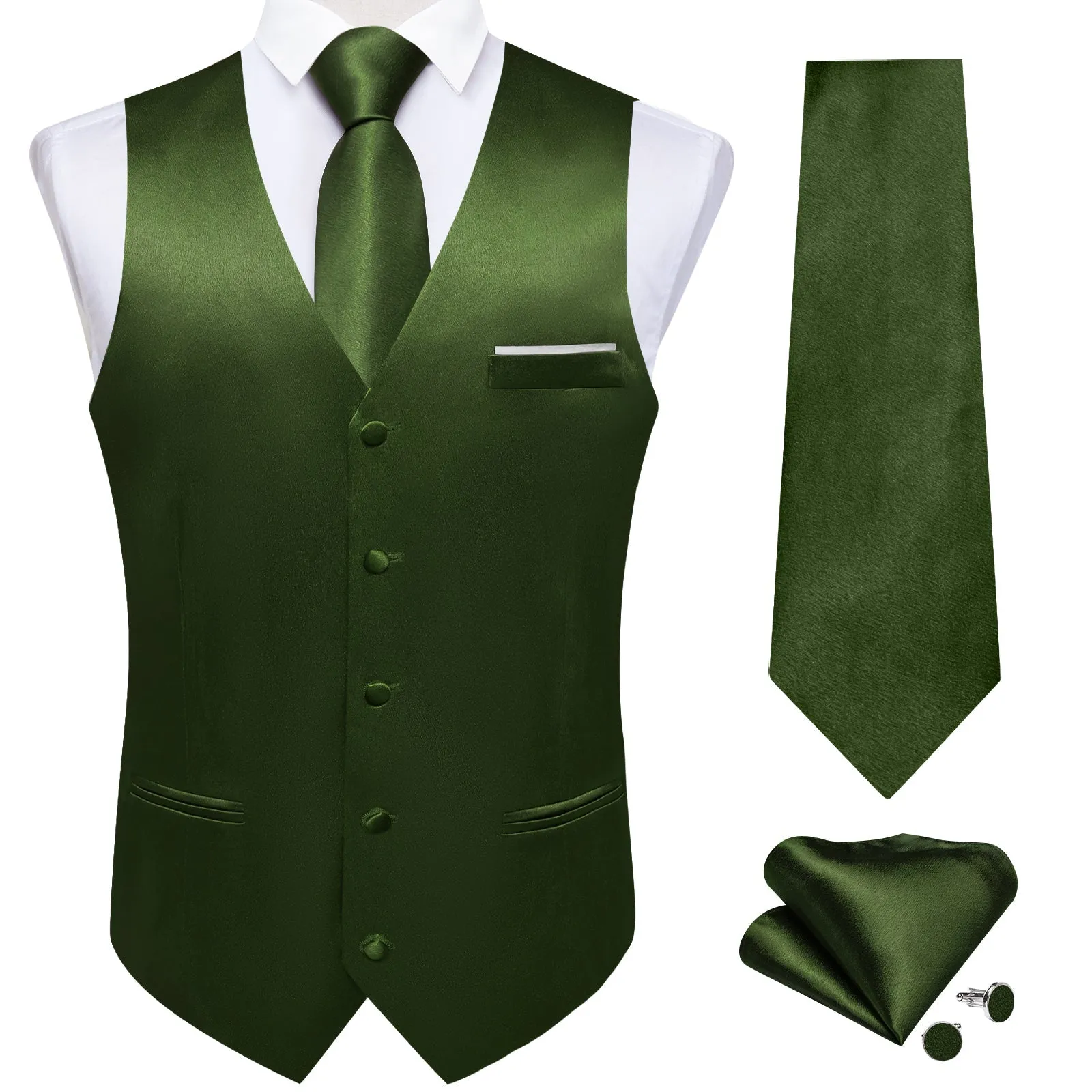 Olive Green Solid Shining Silk Formal Men's Vest Hanky Cufflinks Tie Set