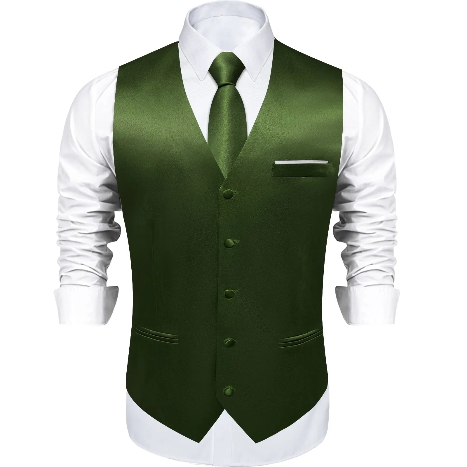 Olive Green Solid Shining Silk Formal Men's Vest Hanky Cufflinks Tie Set