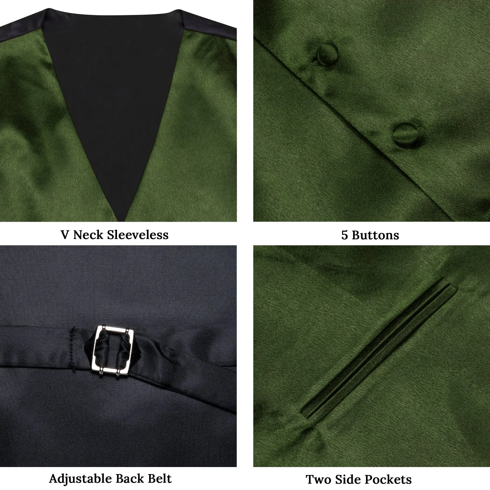 Olive Green Solid Shining Silk Formal Men's Vest Hanky Cufflinks Tie Set