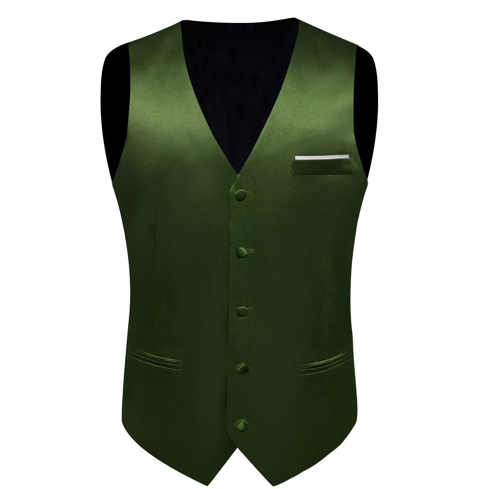 Olive Green Solid Shining Silk Formal Men's Vest Hanky Cufflinks Tie Set