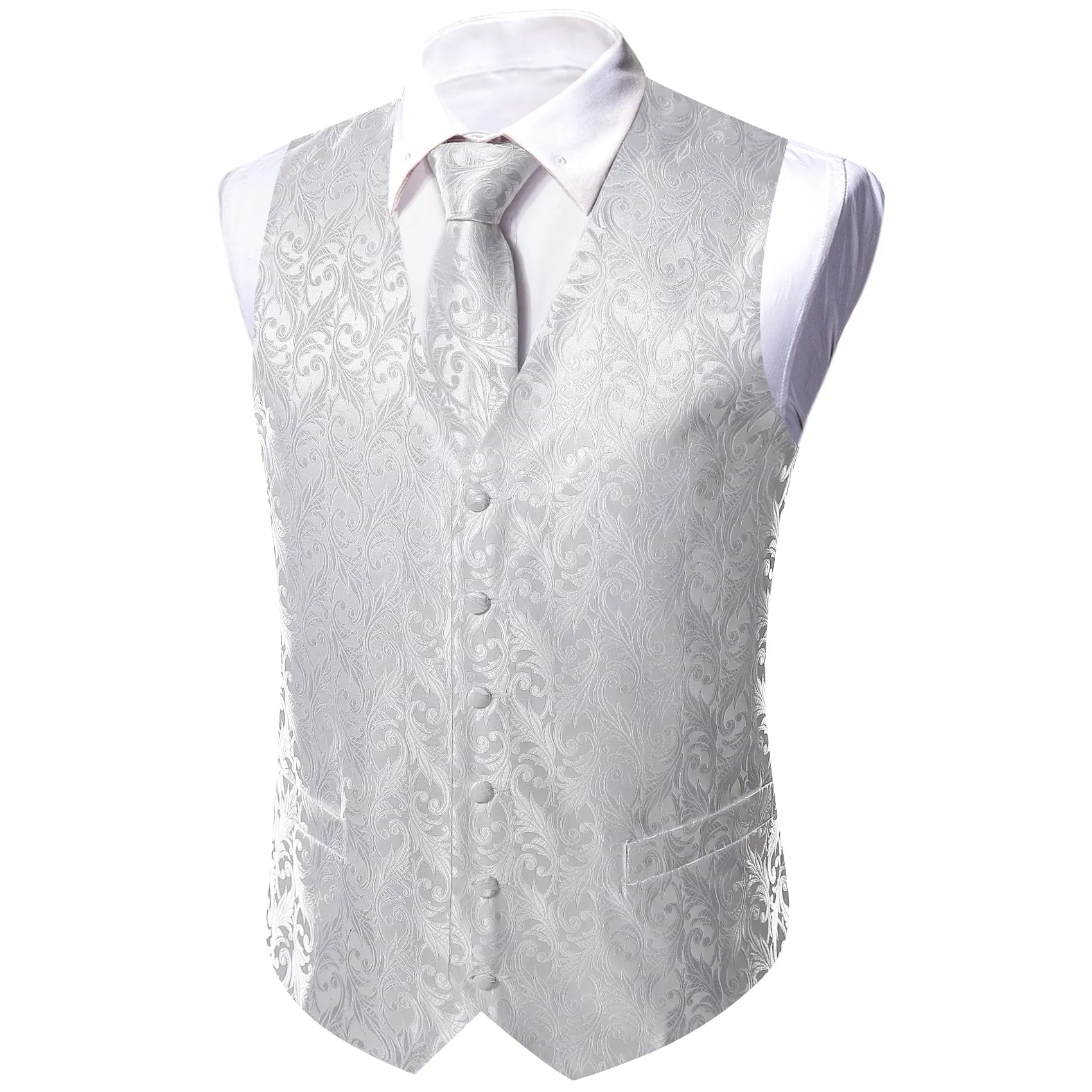 Pure White Paisley Silk Men's Vest Hanky Cufflinks Tie Set