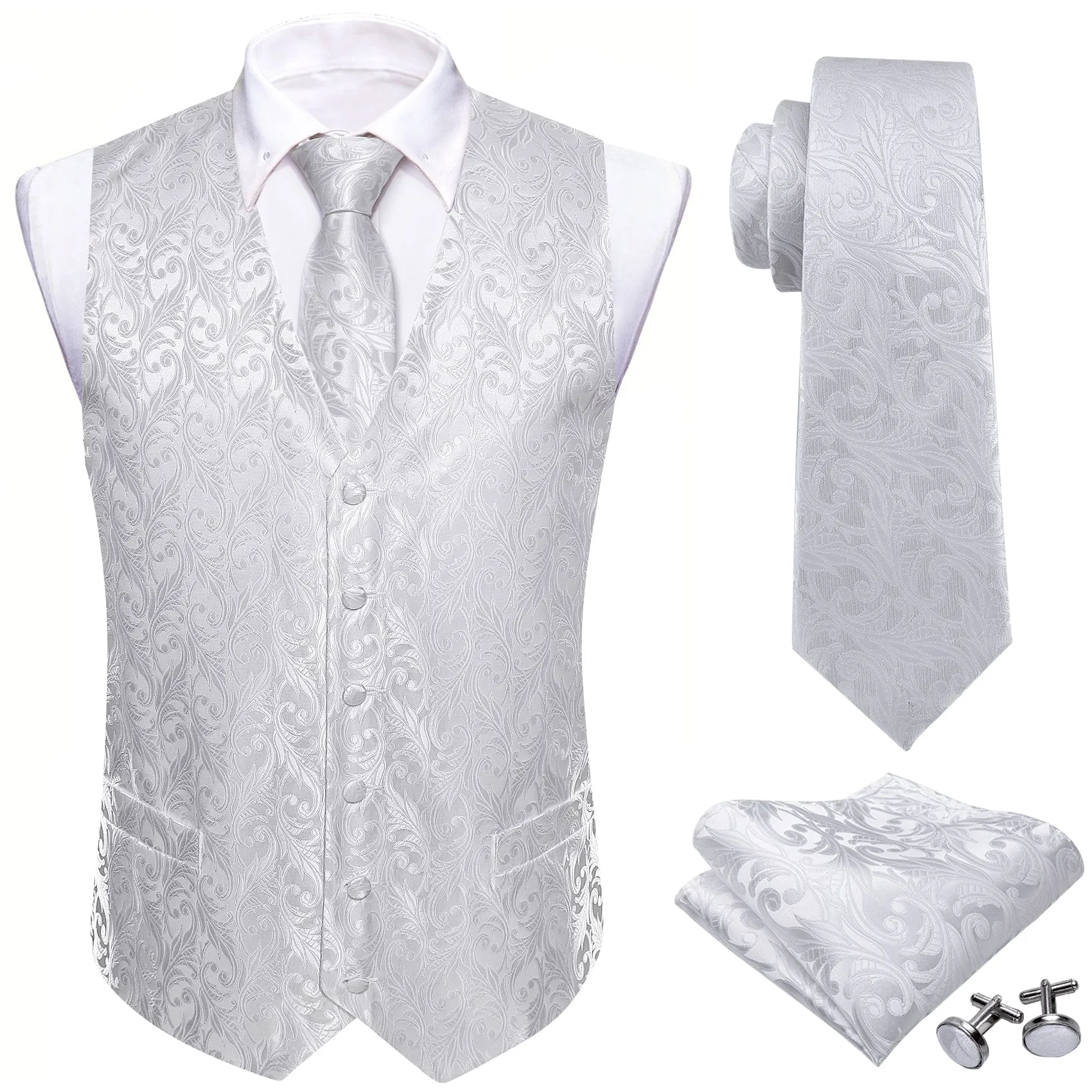 Pure White Paisley Silk Men's Vest Hanky Cufflinks Tie Set