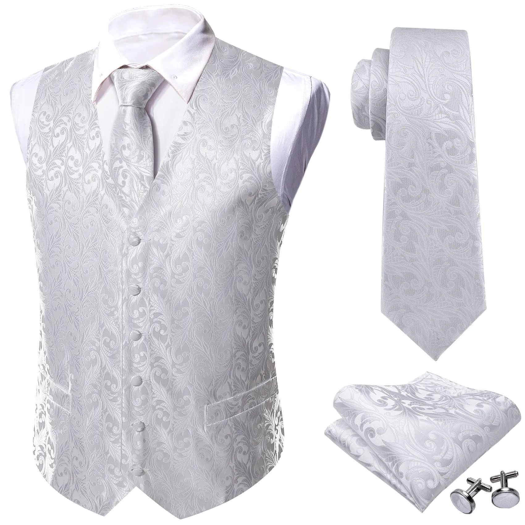Pure White Paisley Silk Men's Vest Hanky Cufflinks Tie Set