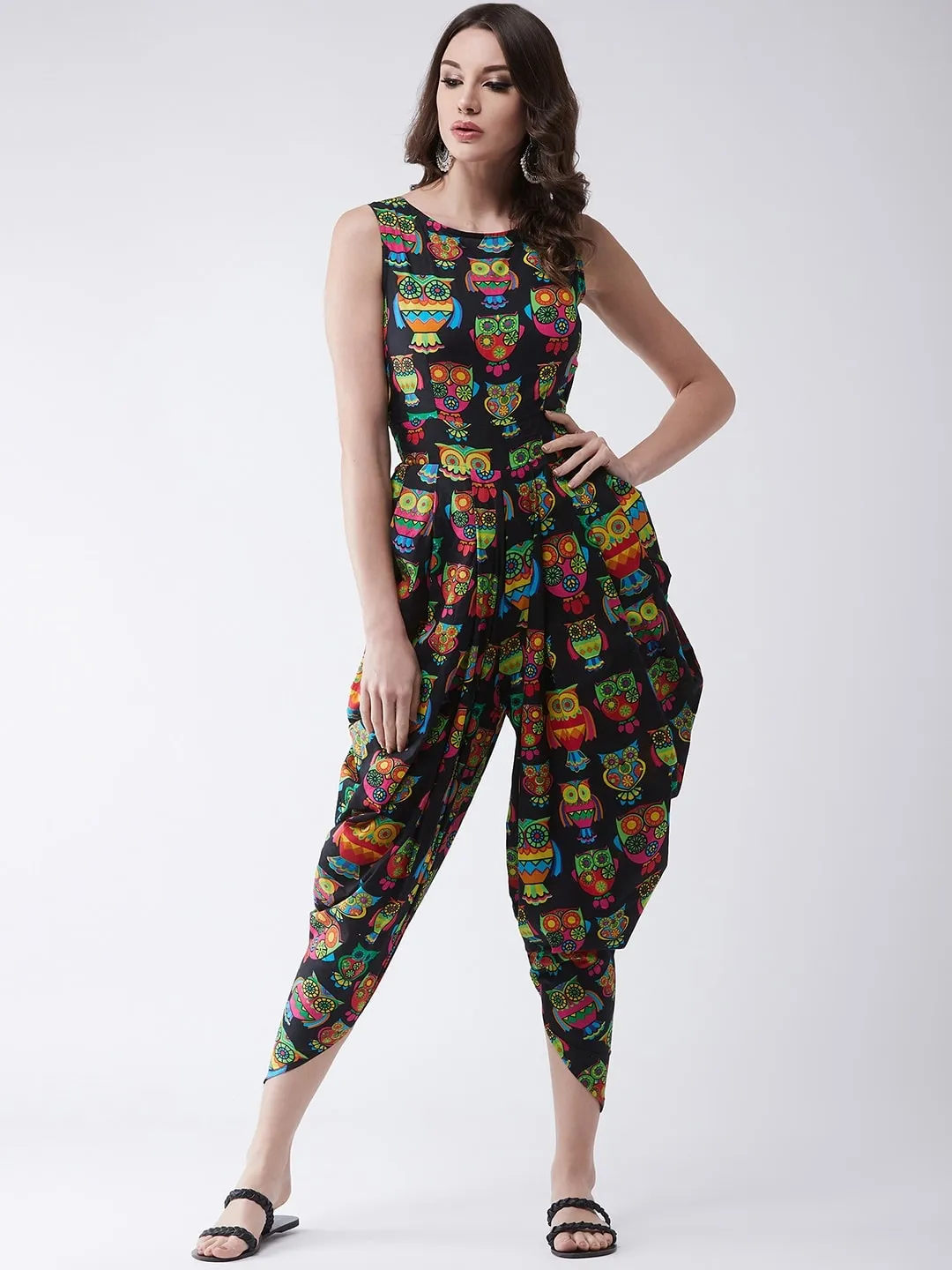 Quirky Owl Printed Jumpsuit with Embroidered Shrug