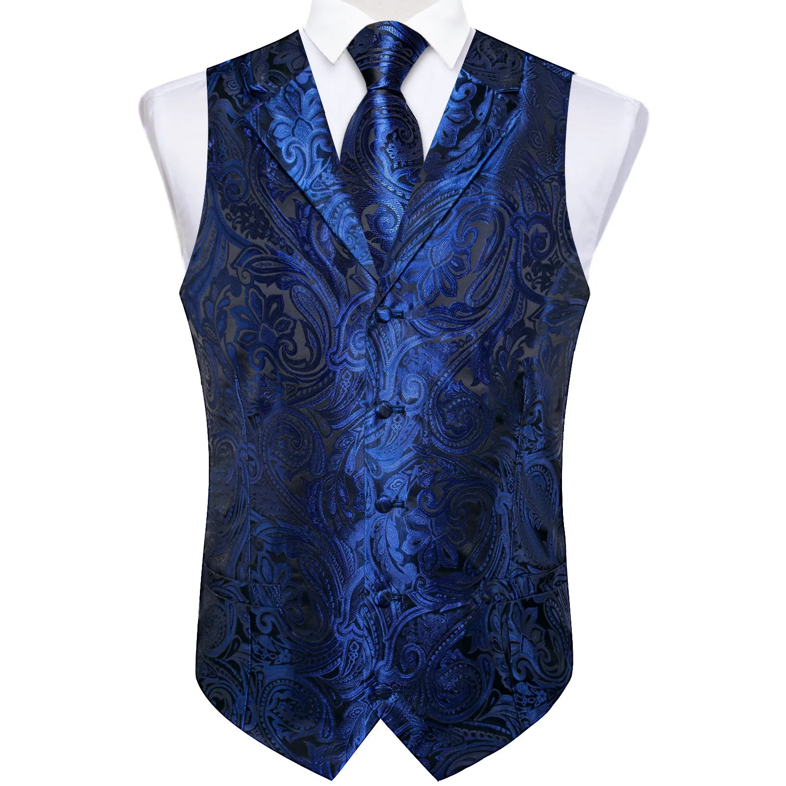 Royal Blue Paisley Men's Collar Vest Tie Hanky Cufflinks Set Waistcoat Suit Set