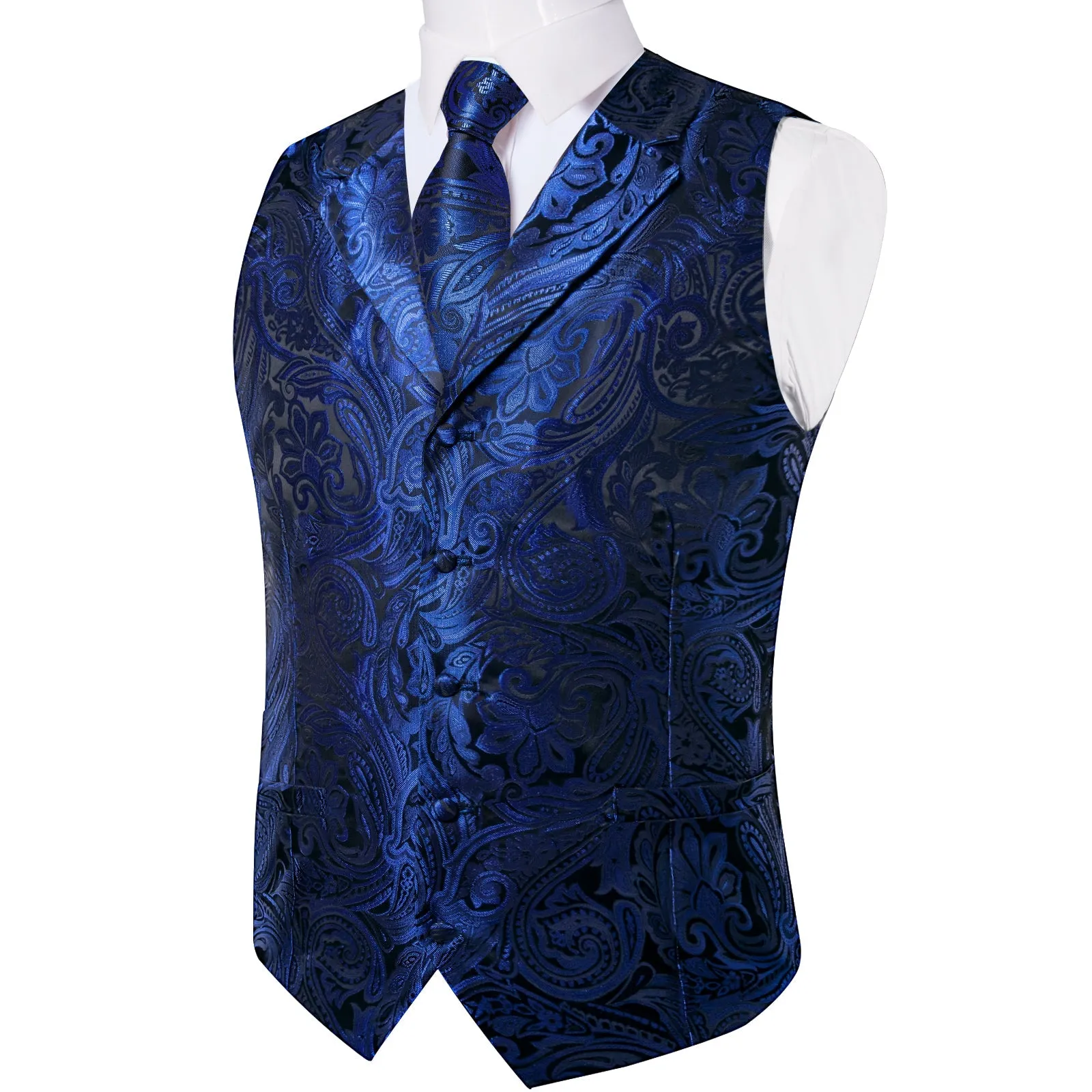 Royal Blue Paisley Men's Collar Vest Tie Hanky Cufflinks Set Waistcoat Suit Set