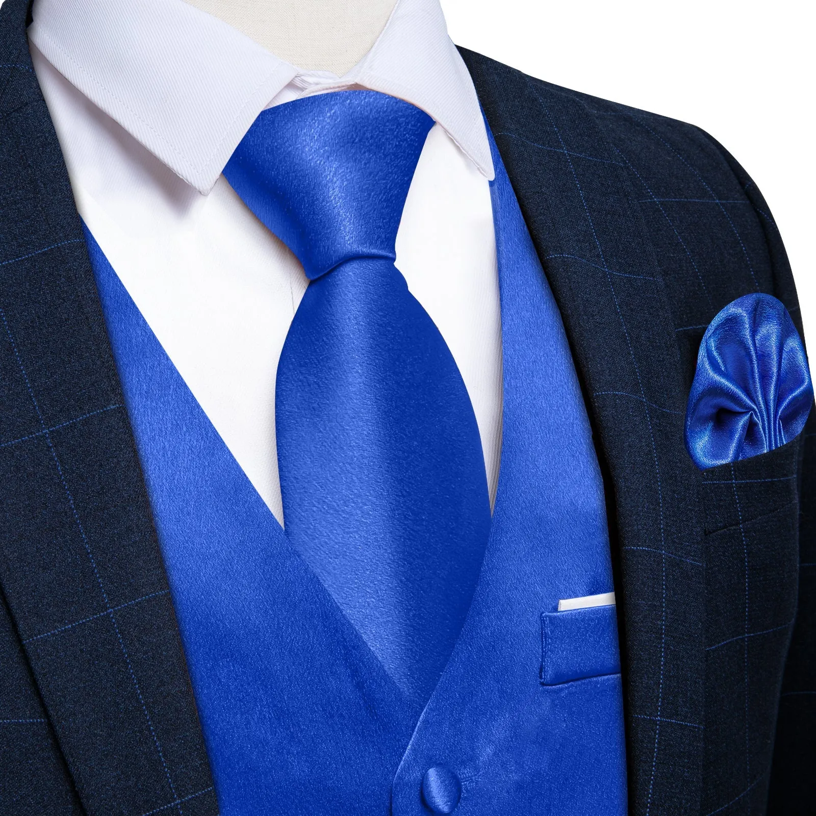 Royal Blue Solid Shining Silk Men Vest Necktie Bow Tie Handkerchief Cufflinks Set