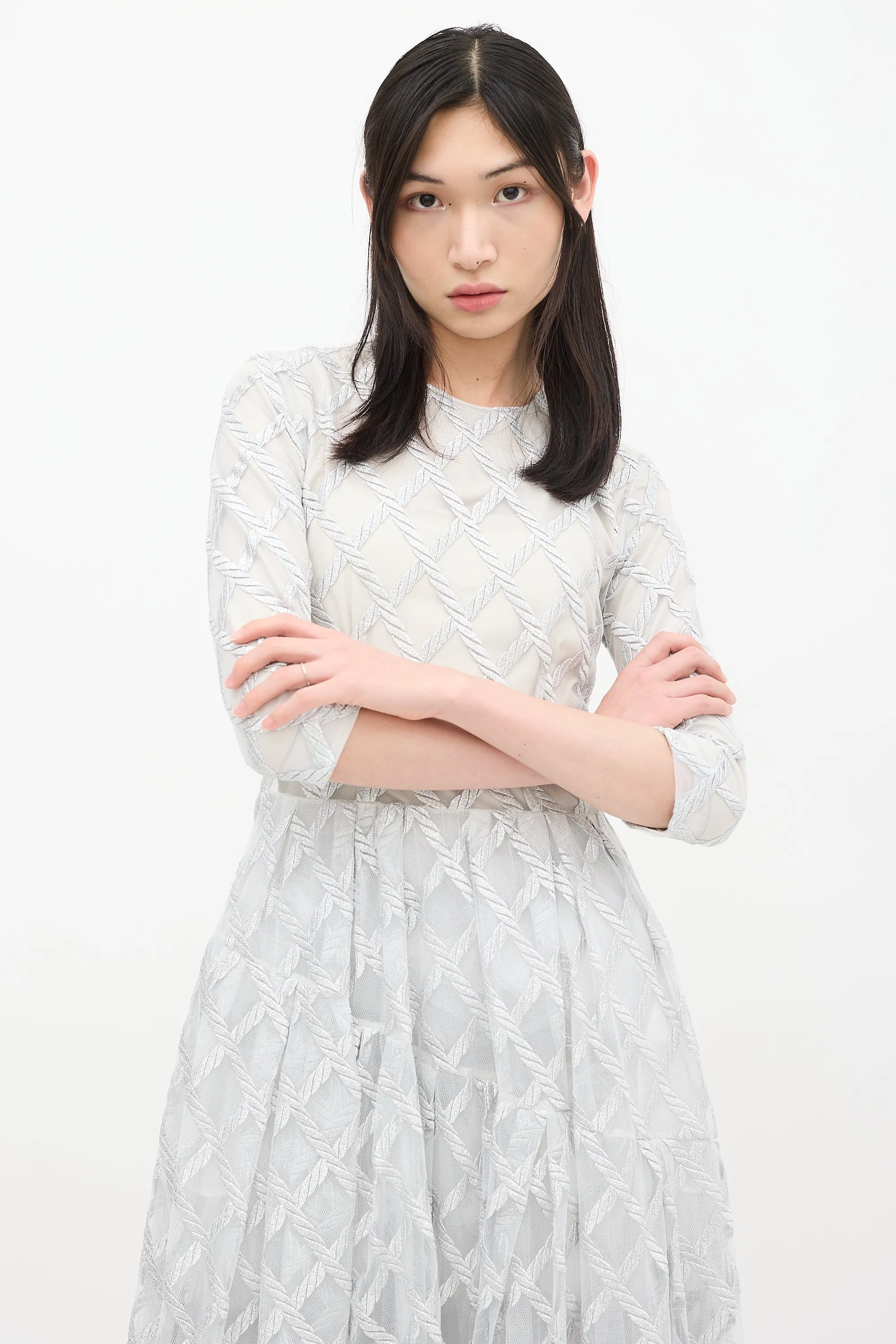 Silver Tulle Latticed Overlay Midi Dress
