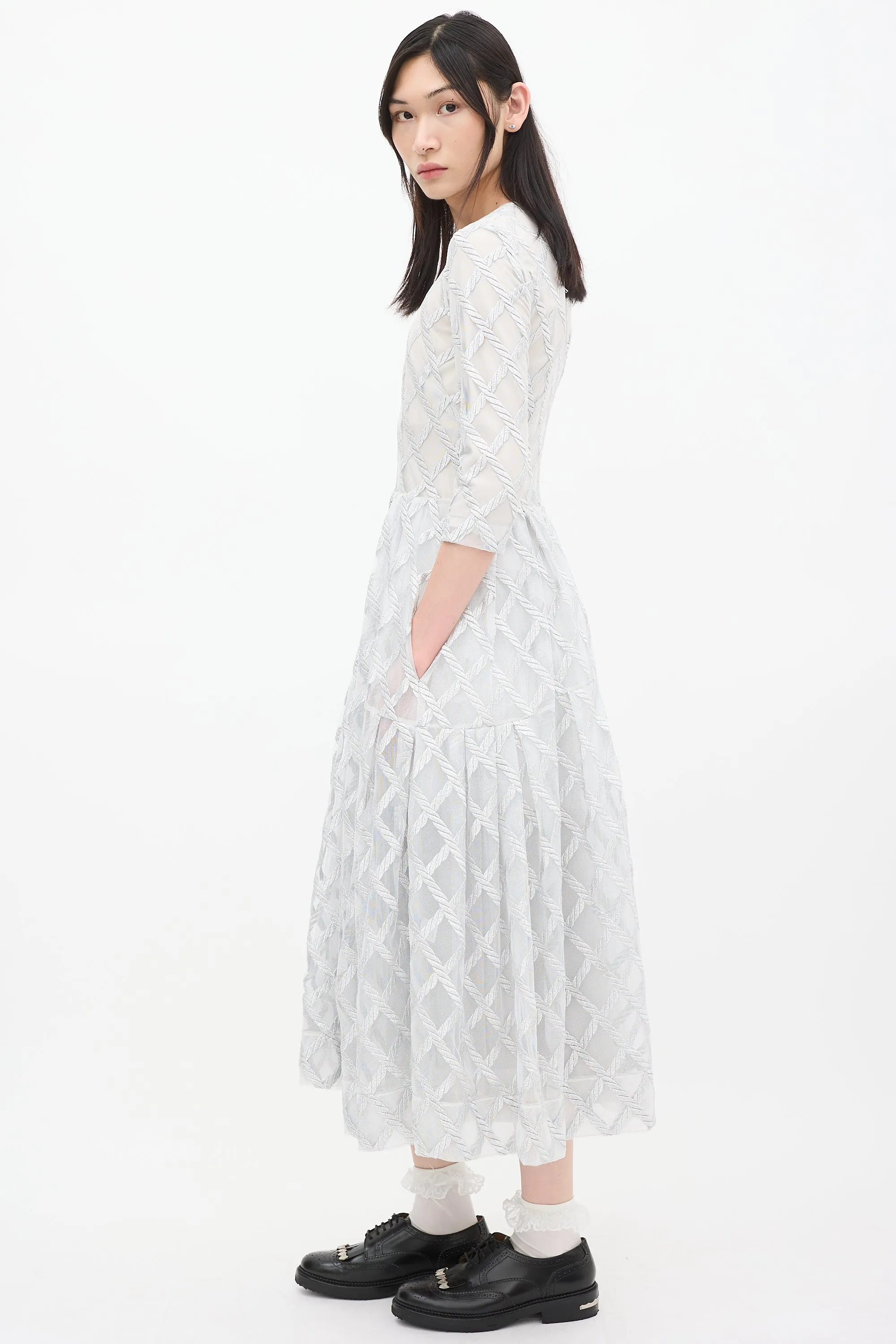 Silver Tulle Latticed Overlay Midi Dress