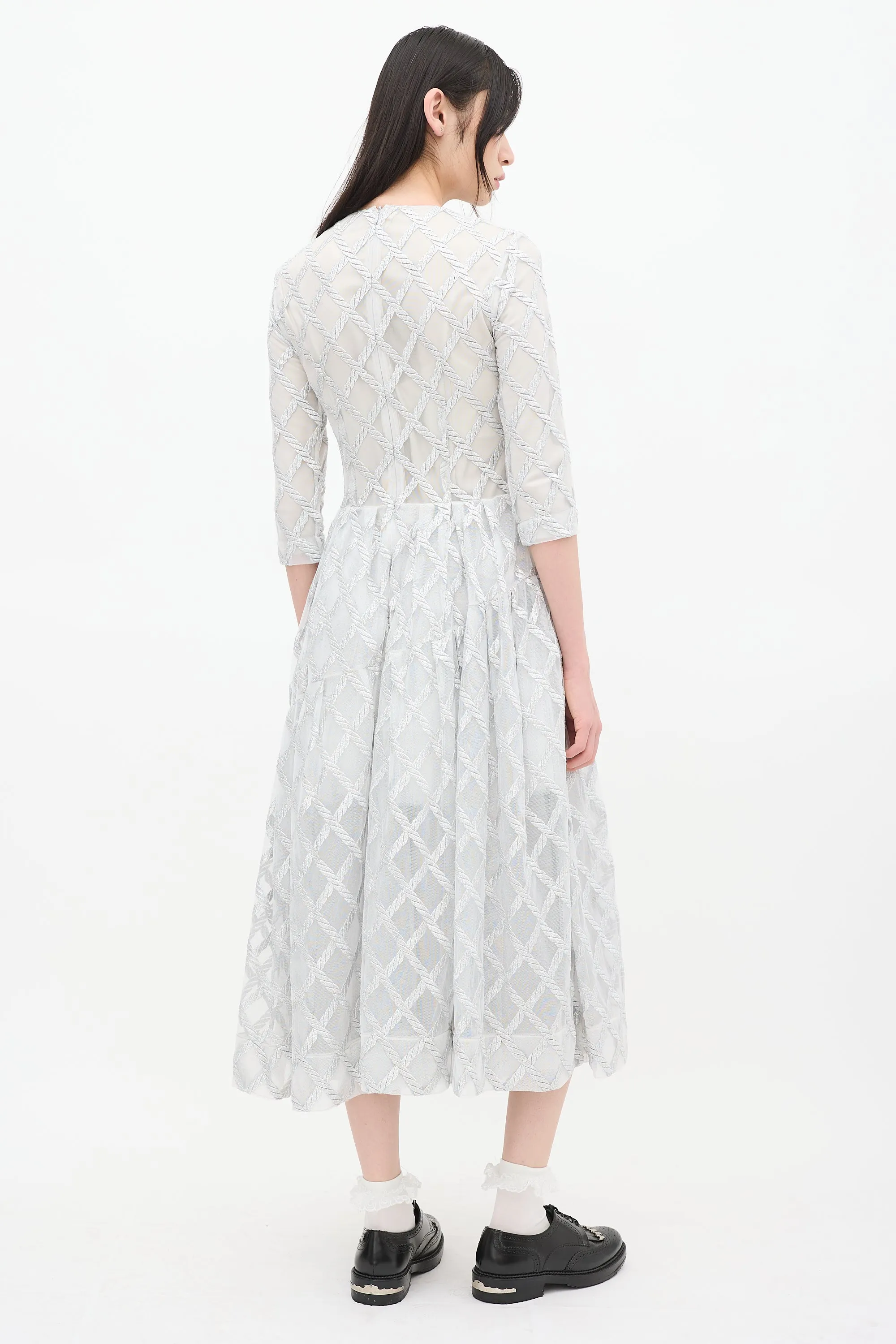Silver Tulle Latticed Overlay Midi Dress