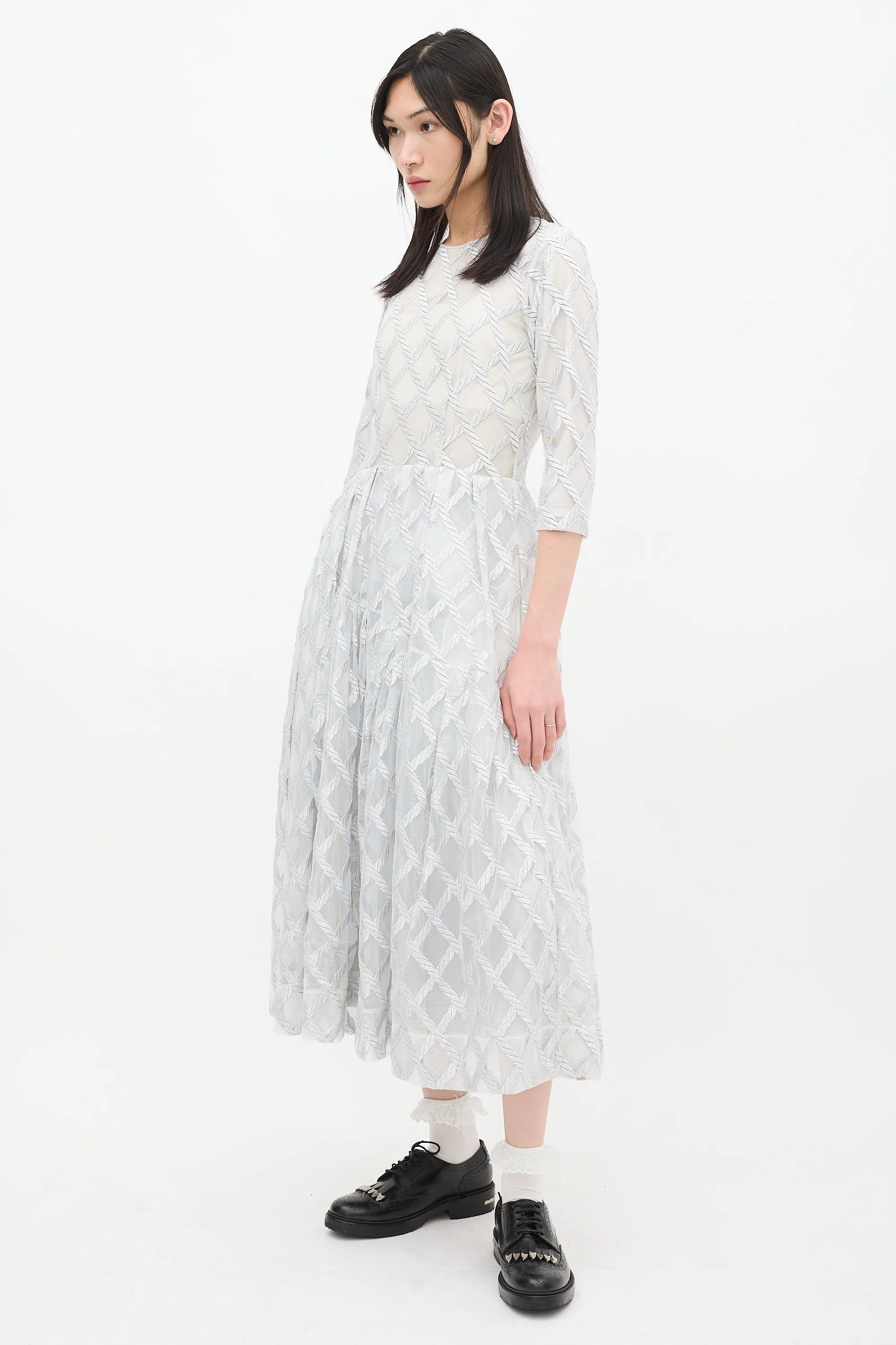 Silver Tulle Latticed Overlay Midi Dress