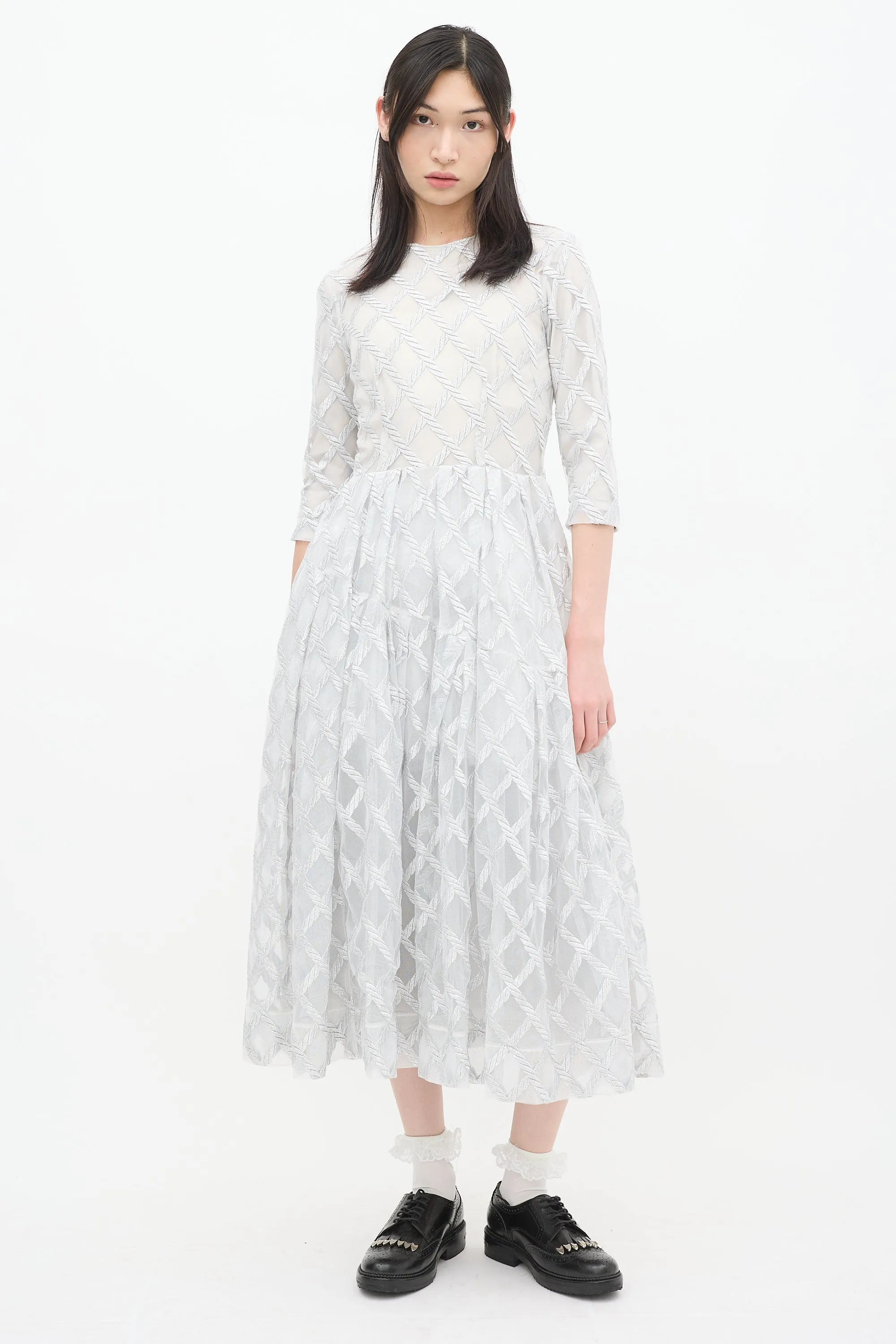 Silver Tulle Latticed Overlay Midi Dress