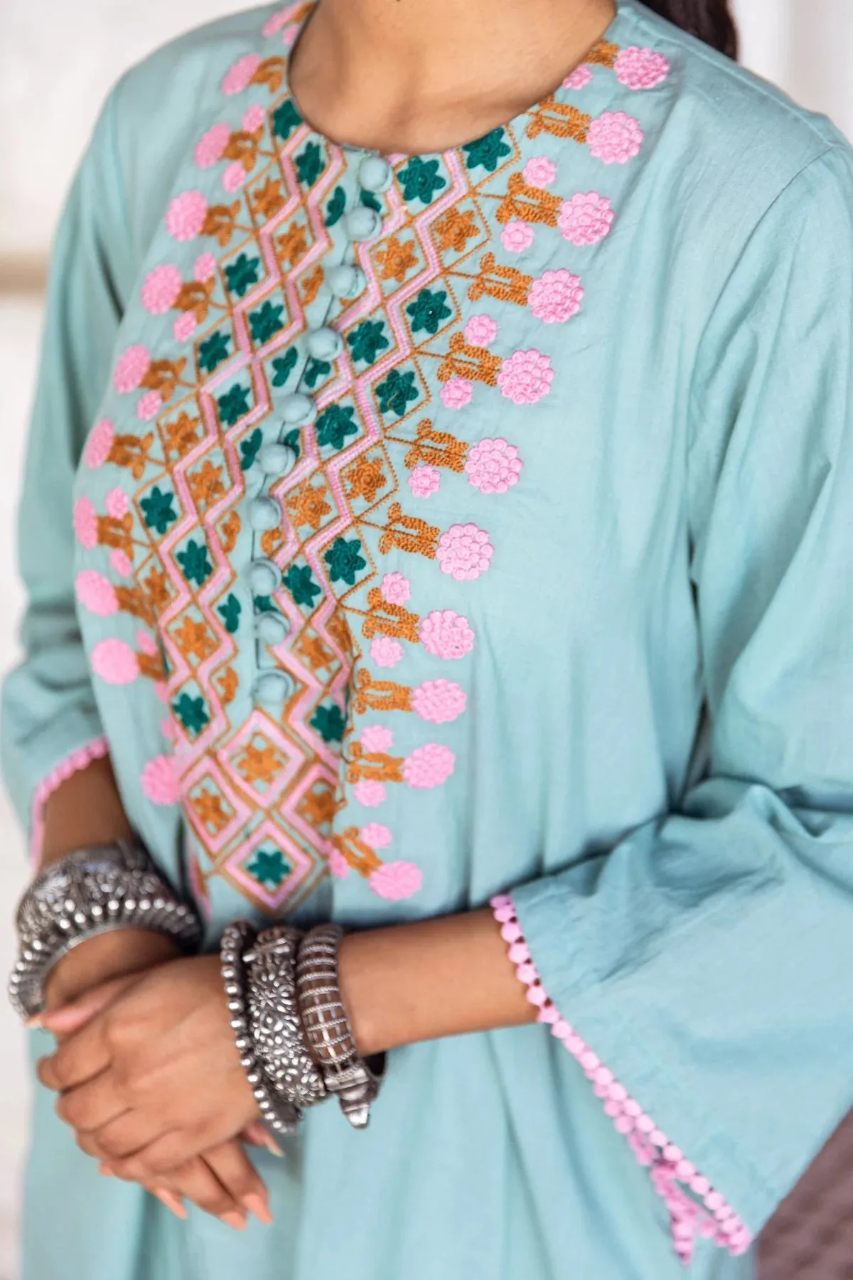 Sky Blue Cotton Floral Embroidered Kurta Palazzo Set