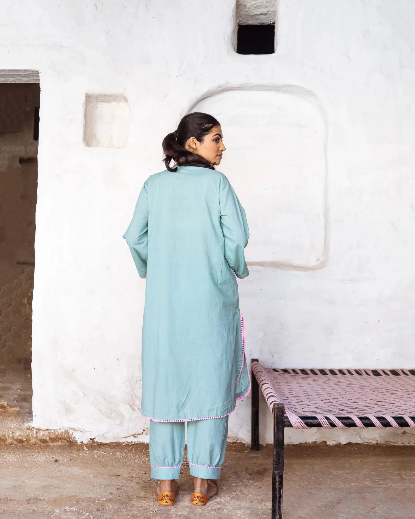 Sky Blue Cotton Floral Embroidered Kurta Palazzo Set