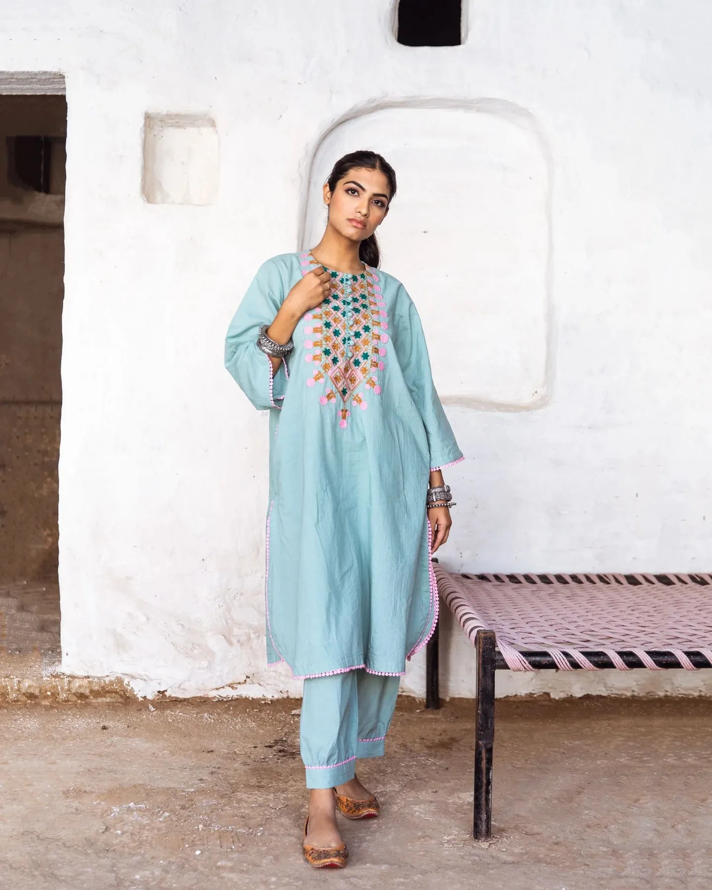 Sky Blue Cotton Floral Embroidered Kurta Palazzo Set