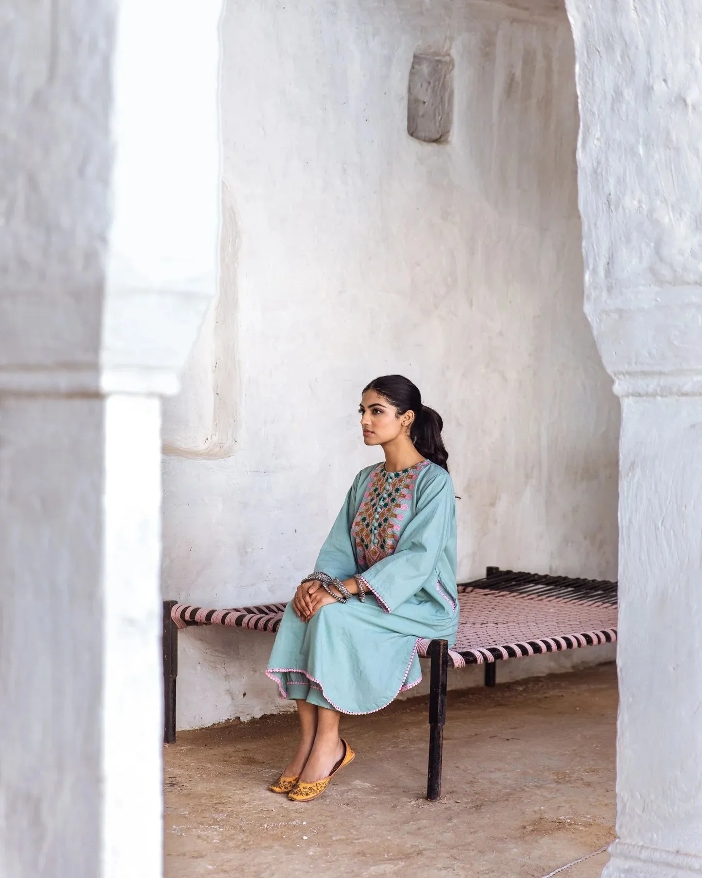Sky Blue Cotton Floral Embroidered Kurta Palazzo Set