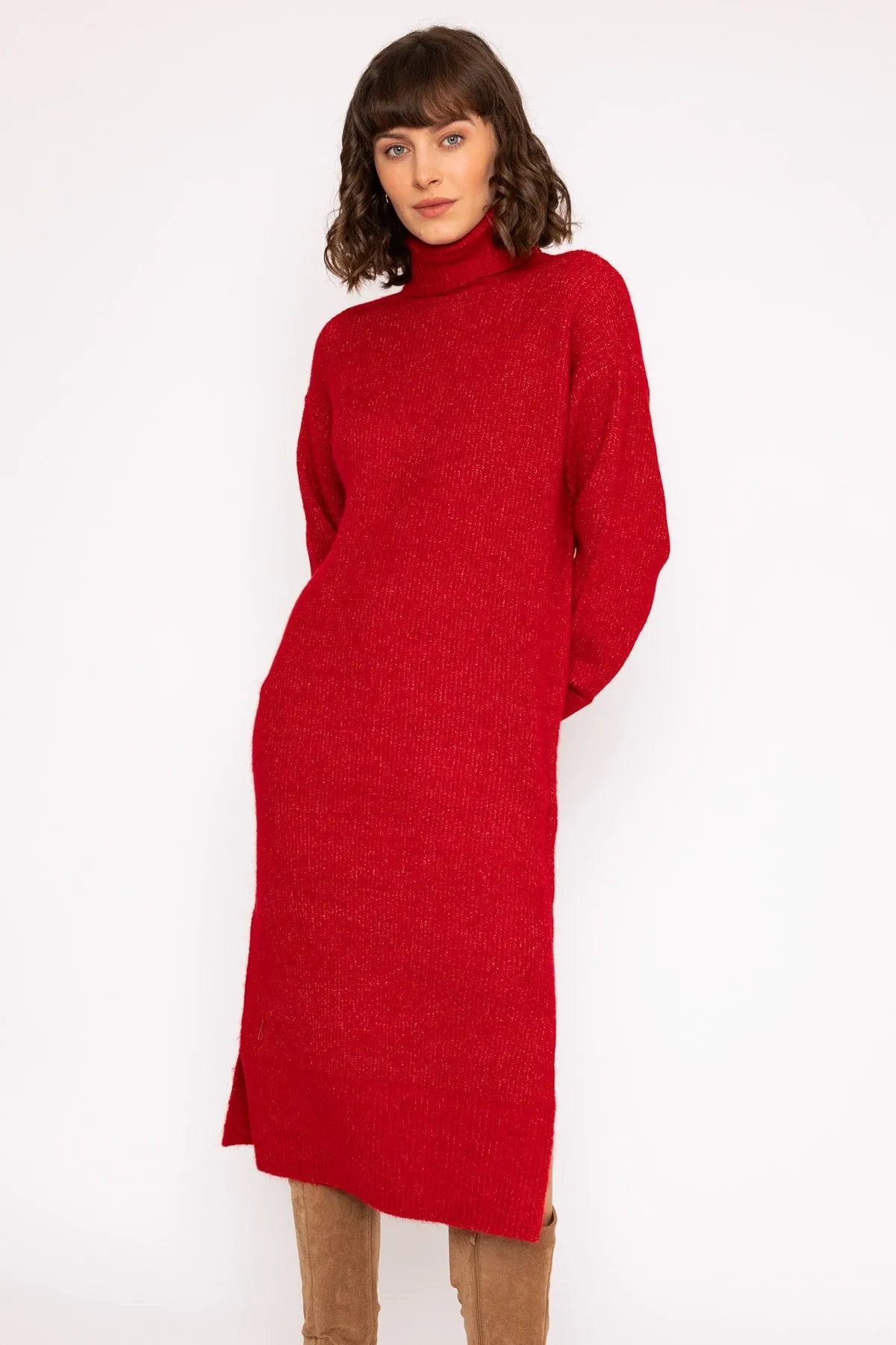 Slouchy Knit Midi Dress in Red