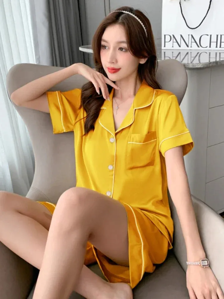 Summer Thin Cardigan Faux Stain Pajama Set Short Sleeved Shorts Two-piece Set Sweet Homewear Soft Pajamas for Women Sleepwear