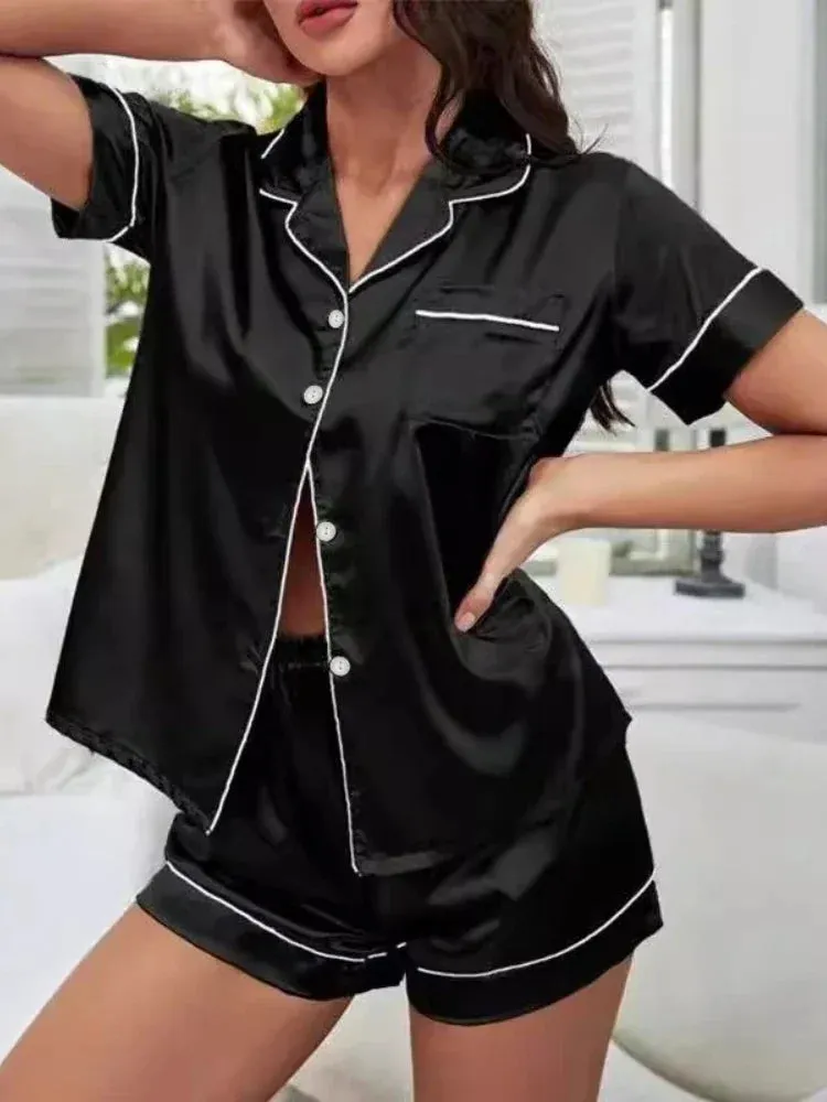 Summer Thin Cardigan Faux Stain Pajama Set Short Sleeved Shorts Two-piece Set Sweet Homewear Soft Pajamas for Women Sleepwear