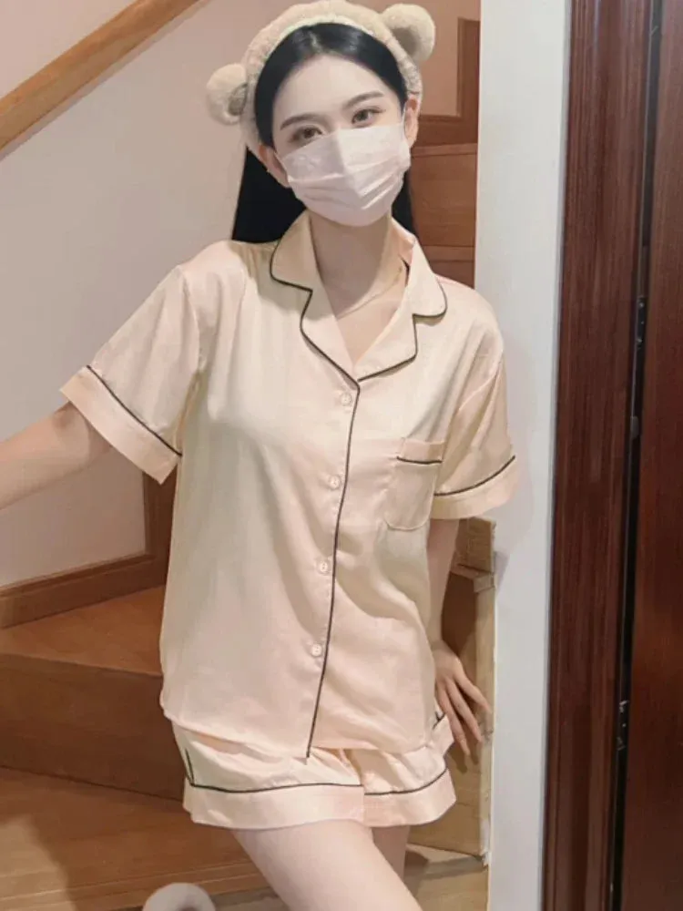 Summer Thin Cardigan Faux Stain Pajama Set Short Sleeved Shorts Two-piece Set Sweet Homewear Soft Pajamas for Women Sleepwear