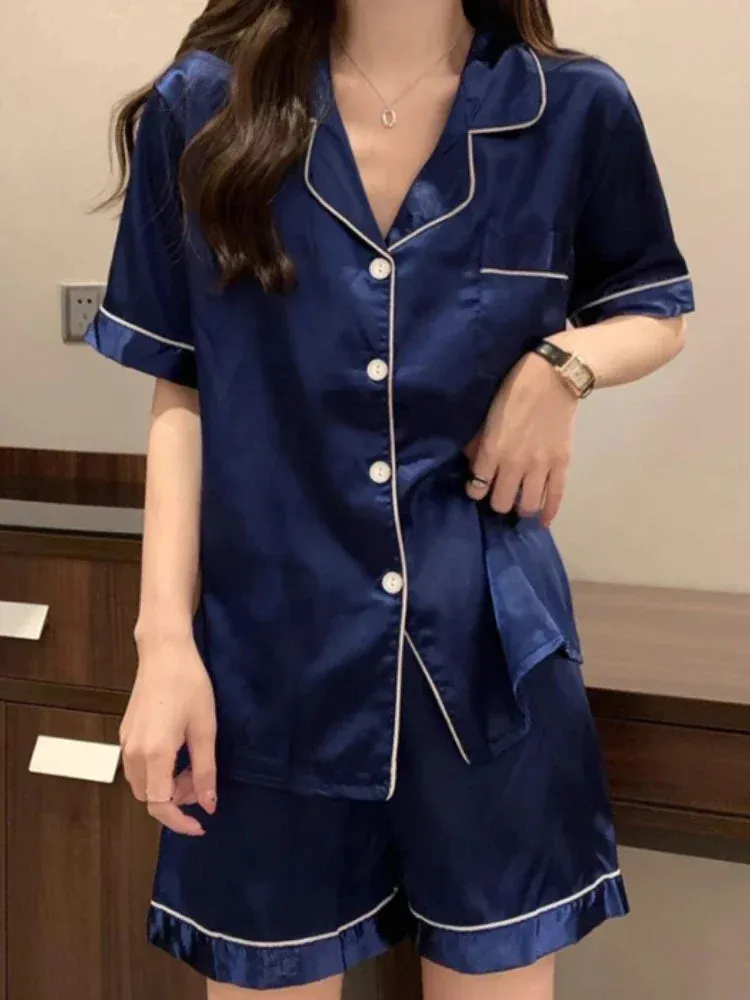 Summer Thin Cardigan Faux Stain Pajama Set Short Sleeved Shorts Two-piece Set Sweet Homewear Soft Pajamas for Women Sleepwear